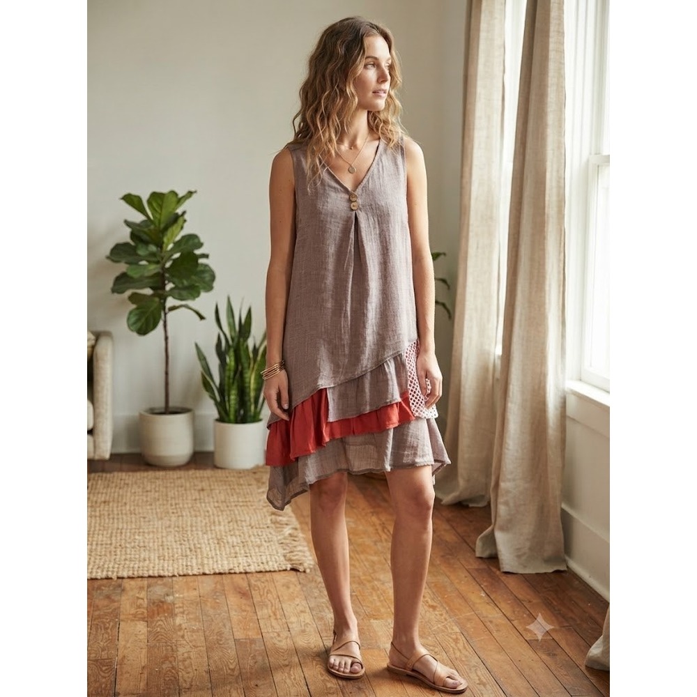 Misslook Womens XL‎ Cotton Blend Sleeveless Tunic Dress Boho Lagenlook Grey Red